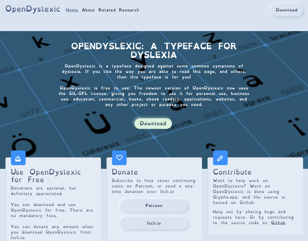 Sito web del font OpenDyslexic